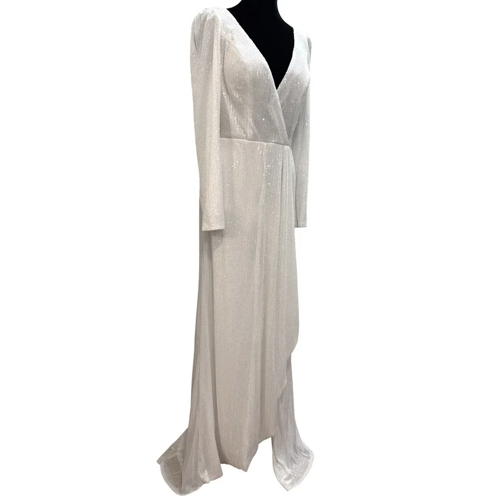 Mac Duggal Gown Women‎ Size 8 White Long Sleeve Sequin Glam Wedding 26395 NWT